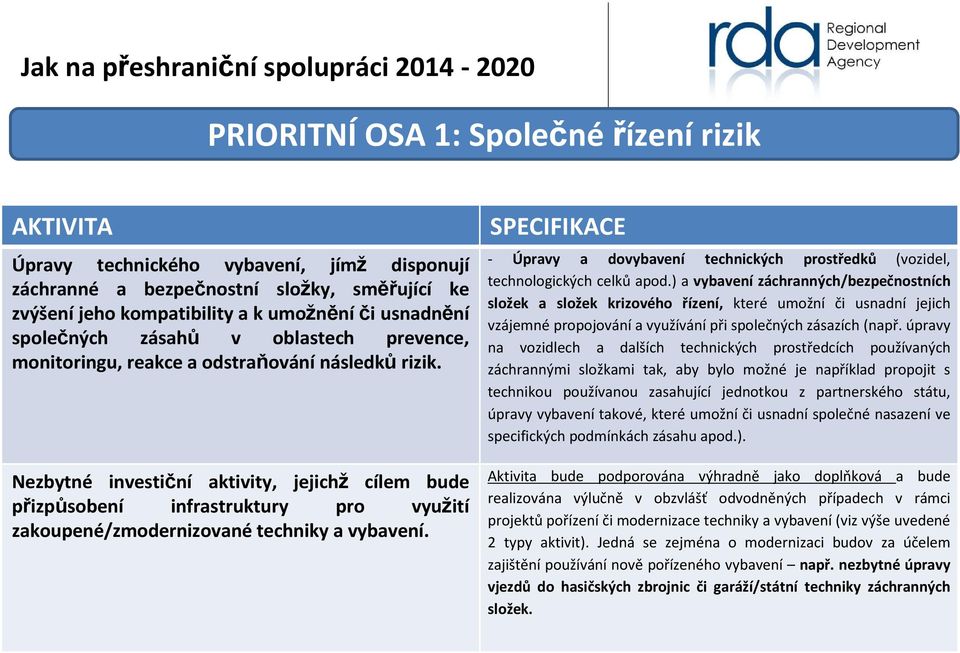 Nezbytné investiční aktivity, jejichž cílem bude přizpůsobení infrastruktury pro využití zakoupené/zmodernizované techniky a vybavení.