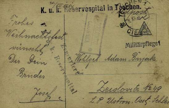 - 32 - Zásilka na této straně nahoře je poslána na pohlednici z Krakova do Cisownice.