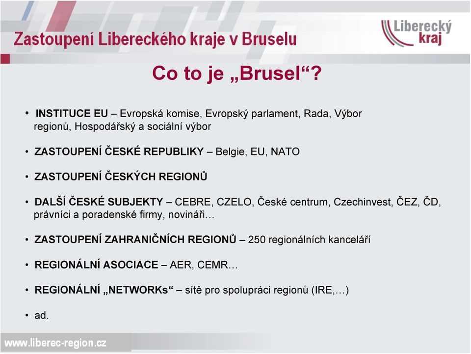 ČESKÉ REPUBLIKY Belgie, EU, NATO ZASTOUPENÍ ČESKÝCH REGIONŮ DALŠÍ ČESKÉ SUBJEKTY CEBRE, CZELO, České centrum,