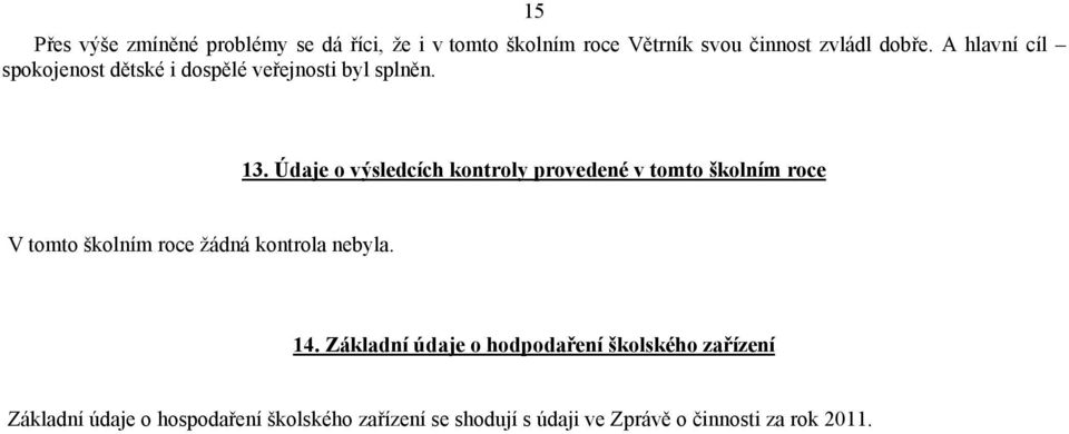 Údaje o výsledcích kontroly provedené v tomto školním roce V tomto školním roce žádná kontrola nebyla. 14.