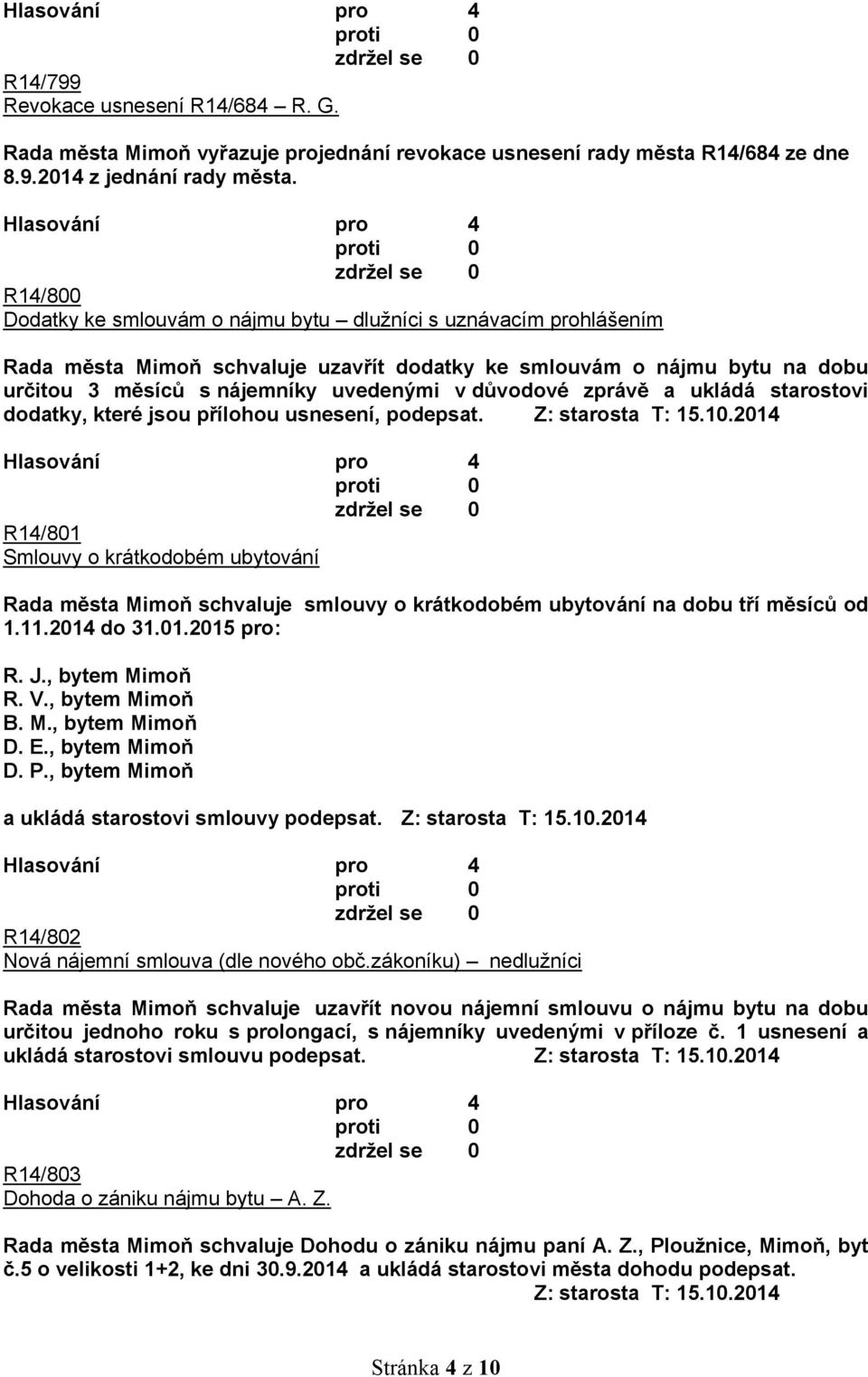 zprávě a ukládá starostovi dodatky, které jsou přílohou usnesení, podepsat. R14/801 Smlouvy o krátkodobém ubytování Rada města Mimoň schvaluje smlouvy o krátkodobém ubytování na dobu tří měsíců od 1.