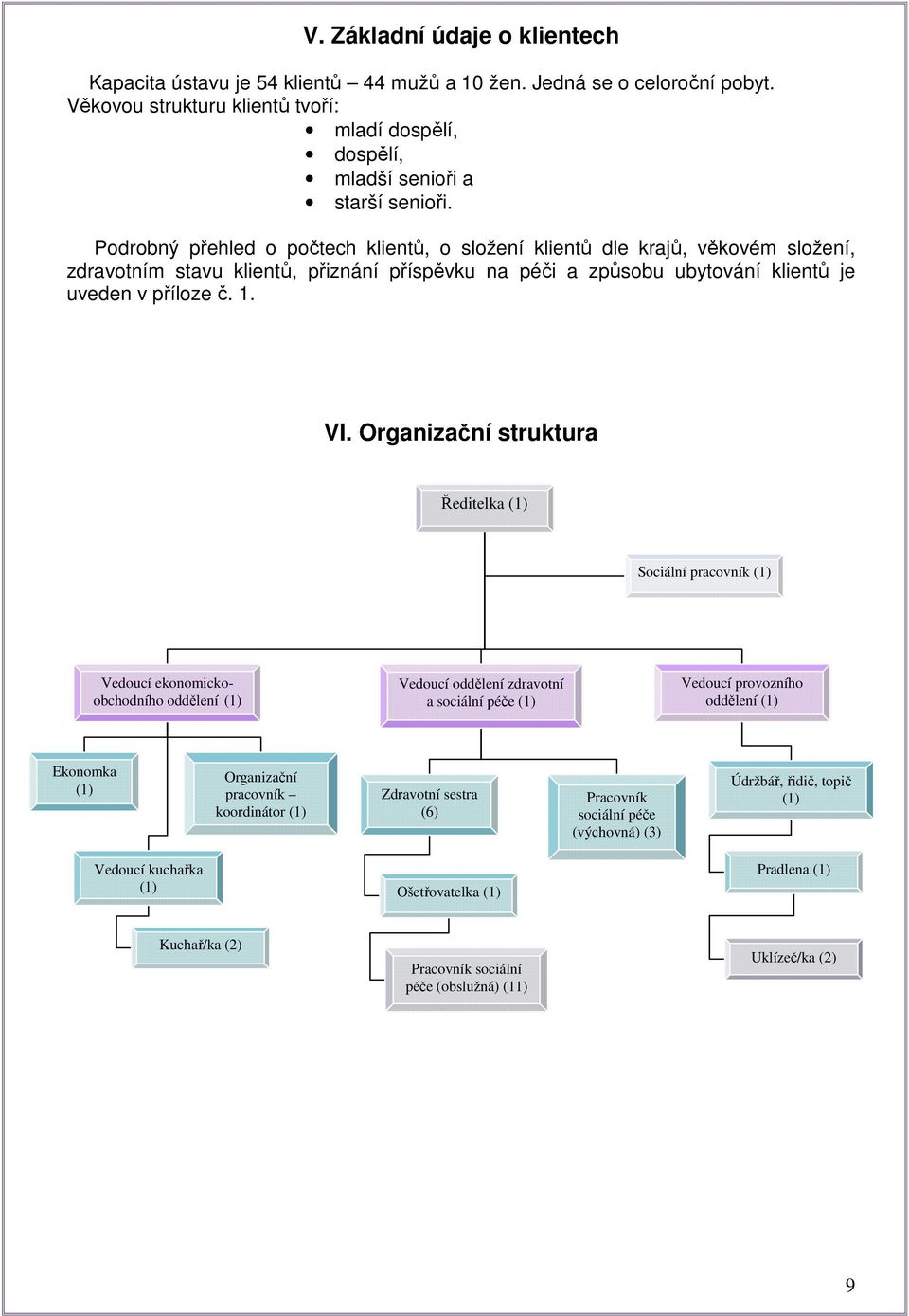 Organizační struktura Ředitelka (1) Sociální pracovník (1) Vedoucí ekonomickoobchodního oddělení (1) Vedoucí oddělení zdravotní a sociální péče (1) Vedoucí provozního oddělení (1) Ekonomka (1)