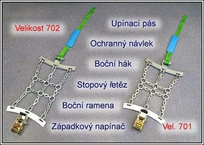 Řetězy vyprošťovací Sněhové řetězy vyprošťovací jsou určeny pro nouzové vyproštění zapadlého vozidla. Stopový řetěz je tvořen D-profilem tloušťky 7mm. Stopová síť je povrchově tvrzená.