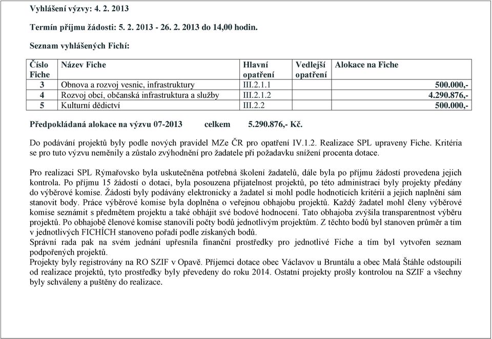 000,- 4 Rozvoj obcí, občanská infrastruktura a služby III.2.1.2 4.290.876,- 5 Kulturní dědictví III.2.2 500.000,- Předpokládaná alokace na výzvu 07-2013 celkem 5.290.876,- Kč.