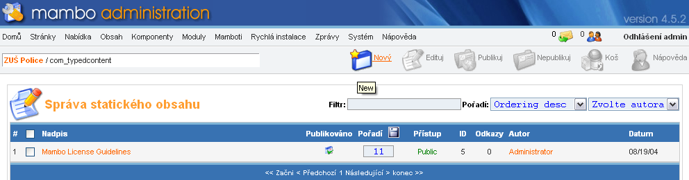 Na stránce Správy statického obsahu klikněte na novou stránku. ikonu, pro otevření strany vytvářející 1 2 3 4 