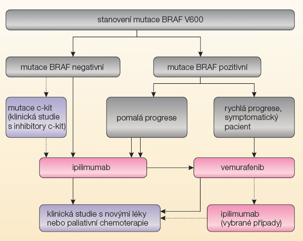 V případě cílené léčby je preferováno podání BRAF inhibitorů nebo kombinace BRAF inhibitoru a MEK inhibitoru před monoterapií MEK inhibitorem.