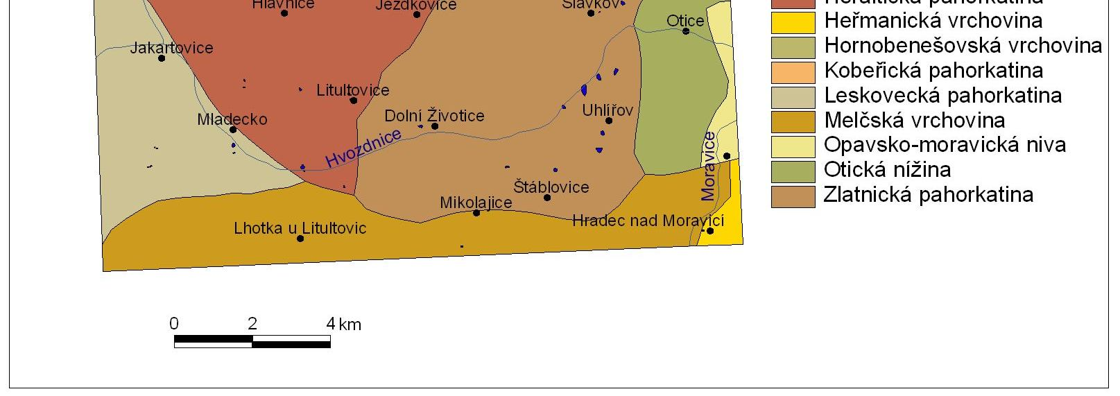 Obr. 1: Geomorfologie zájmového území Stěbořická pahorkatina se rozkládá na ploše 167 km 2, kdy průměrná nadmořská výška je 332,7 m.