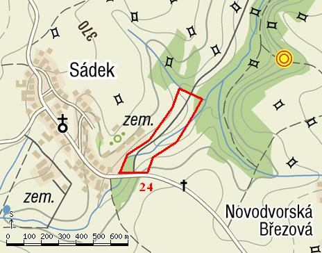 6. 24 Lokalita č. 24 jasanovo-olšový luh u Sádku Geografické souřadnice: 49 57'9"N, 17 45'25"E Luh vyskytující se 0,7 km od kostela v Sádku, u potoku Herlička (viz obr. 36 a 37).