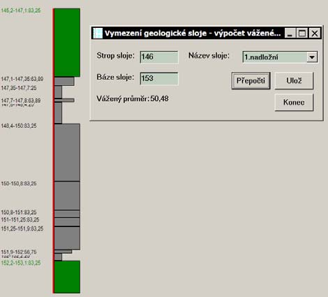 hraničních hodnot intervalu a přiřazením názvu sloje je definována geologická mocnost sloje, pro kterou je vypočten vážený průměr obsahu popela A d a vážené průměry dalších sledovaných parametrů.