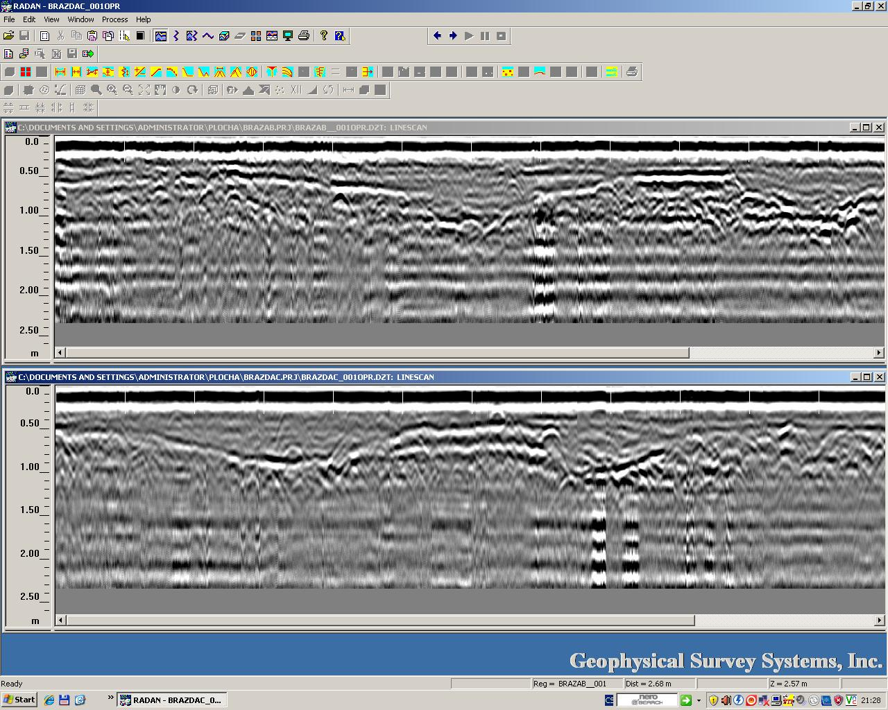 Obr.50: Měření georadarem SIR 300 na poli ale výsledky ukázalo val je velmi dobře patrný. Obr.
