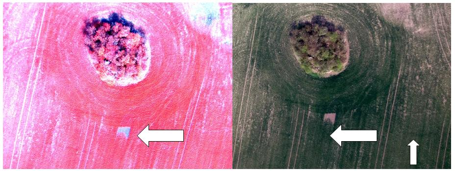 Obr.54: Infračervené ortofoto (vlevo) a ortofoto ve viditelné části spektra s nalezeným objektem Obr.