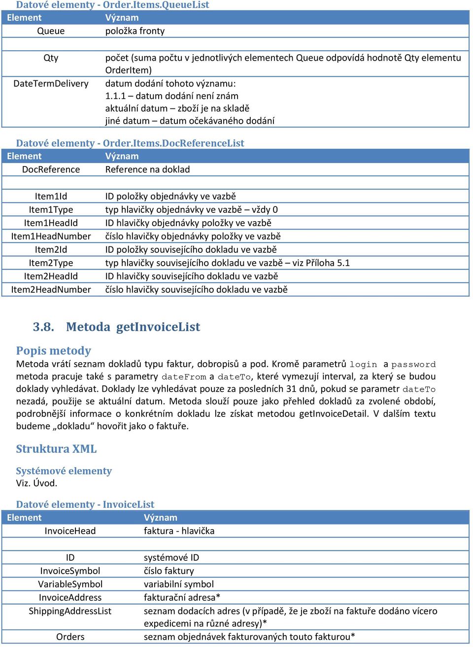 1.1 datum dodání není znám aktuální datum zboží je na skladě jiné datum datum očekávaného dodání DocReferenceList DocReference Reference na doklad Item1Id ID položky objednávky ve vazbě Item1Type typ