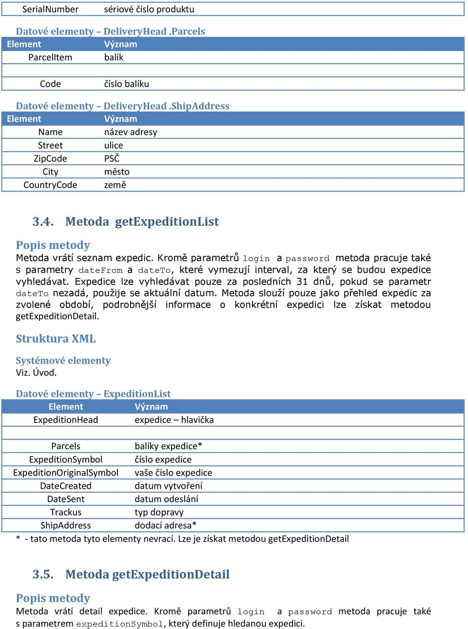 Kromě parametrů login a password metoda pracuje také s parametry datefrom a dateto, které vymezují interval, za který se budou expedice vyhledávat.