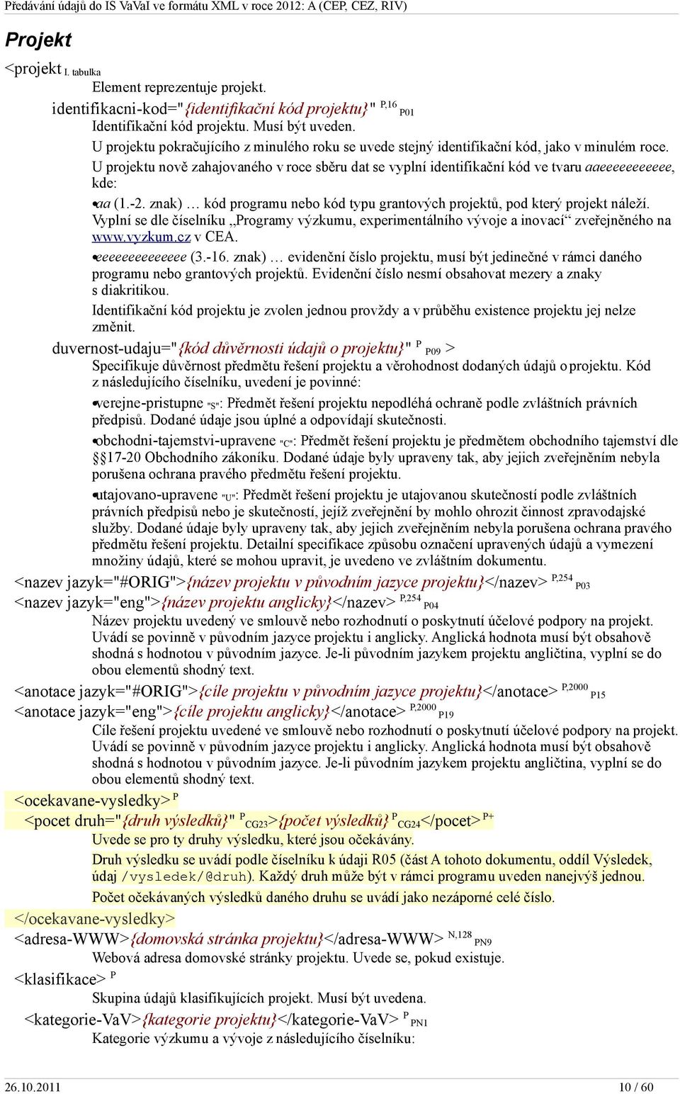 U projektu nově zahajovaného v roce sběru dat se vyplní identifikační kód ve tvaru aaeeeeeeeeeee, kde: aa (1.-2. znak) kód programu nebo kód typu grantových projektů, pod který projekt náleží.