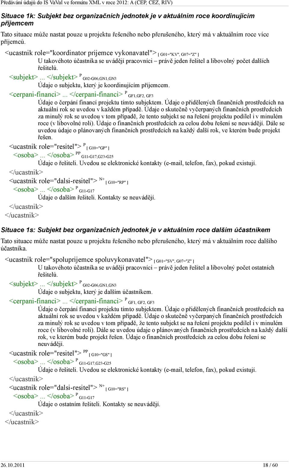 .. </subjekt> P G02-G06,GN1,GN3 Údaje o subjektu, který je koordinujícím příjemcem. <cerpani-financi>... </cerpani-financi> P GF1,GF2, GF3 Údaje o čerpání financí projektu tímto subjektem.