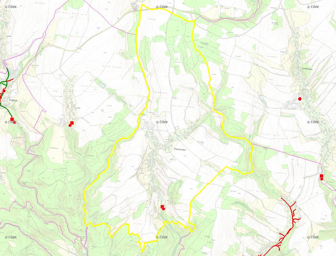 E. KANALIZACE A ČOV Mapa E1: Kanalizace - rozvody v obci Trasování sítí, lokalizace ČOV, čerpací stanice (ČS), výústě Obec: Partutovice Legenda: Kanalizace: Ochranné pásmo: Vyústění: do 2015 po 2015