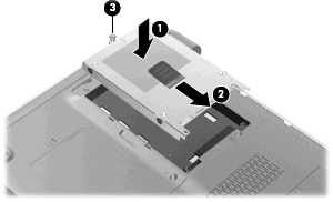 10. Zatáhněte doleva výstupek pevného disku (2) a odpojte pevný disk. 11. Zvedněte pevný disk (3) z pozice pevného disku. Instalace pevného disku: 1. Vložte pevný disk do stojanové řady (1). 2.