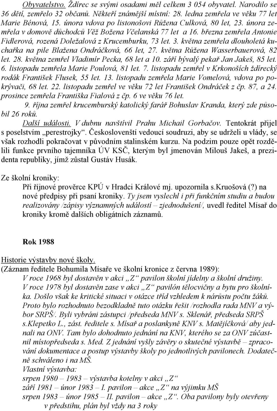 května zemřela dlouholetá kuchařka na pile Blažena Ondráčková, 66 let, 27. května Růžena Wasserbauerová, 82 let. 28. května zemřel Vladimír Pecka, 68 let a 10. září bývalý pekař Jan Jakeš, 85 let. 6. listopadu zemřela Marie Poulová, 81 let.