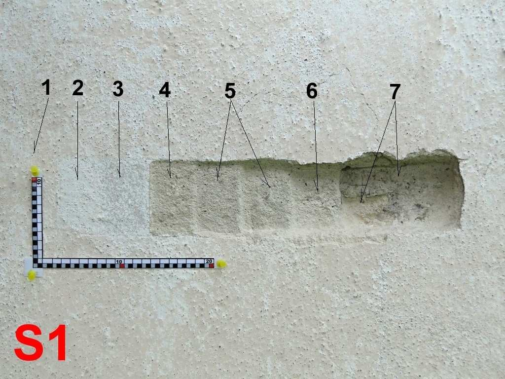 Příloha NZ OPD č. 04 Popis sondy S1 J průčelí, výška nad terénem cca 170 cm Použitý podklad (autor, datace) fotodokumentace a popis Ing. Petr Gryc 24.8.