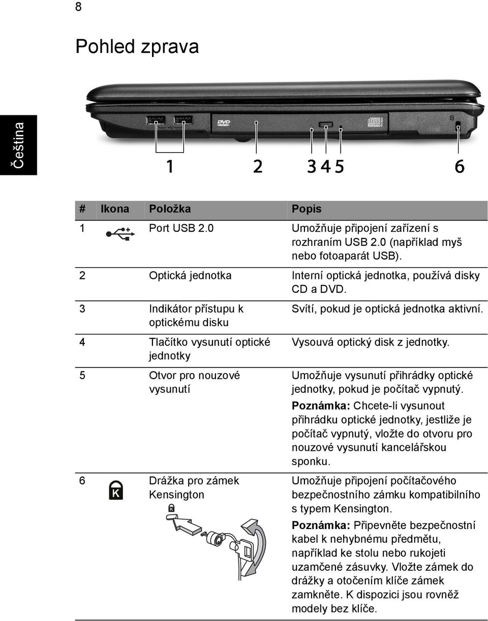 3 Indikátor přístupu k optickému disku 4 Tlačítko vysunutí optické jednotky 5 Otvor pro nouzové vysunutí 6 Drážka pro zámek Kensington Svítí, pokud je optická jednotka aktivní.