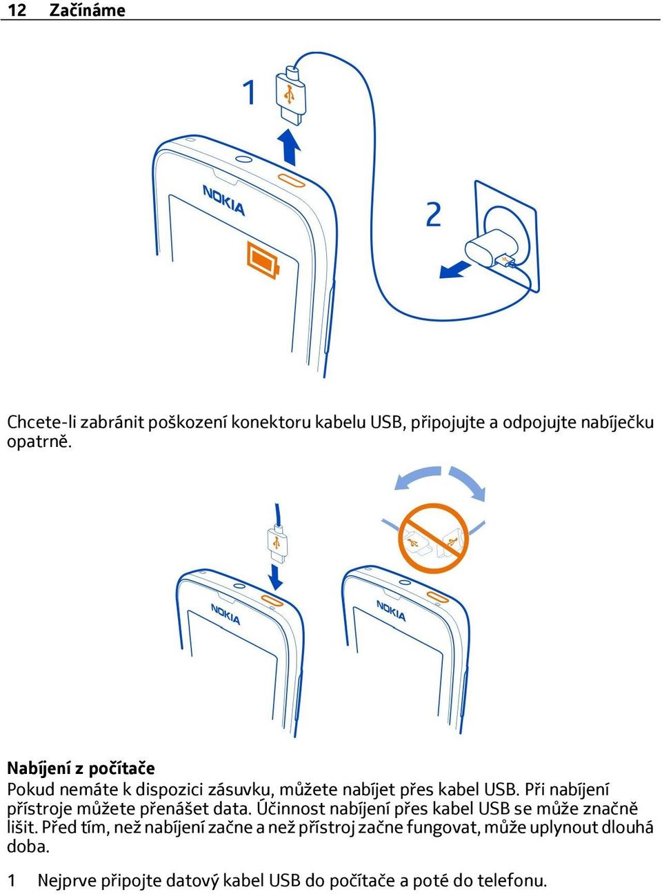 Při nabíjení přístroje můžete přenášet data. Účinnost nabíjení přes kabel USB se může značně lišit.