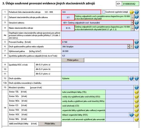 Vyplnění údajů pro kogenerační jednotku spalující bioplyn u zdroje čistírna odpadních vod. Opět použití souhrnného vyplnění údajů pro spalovací zdroj.