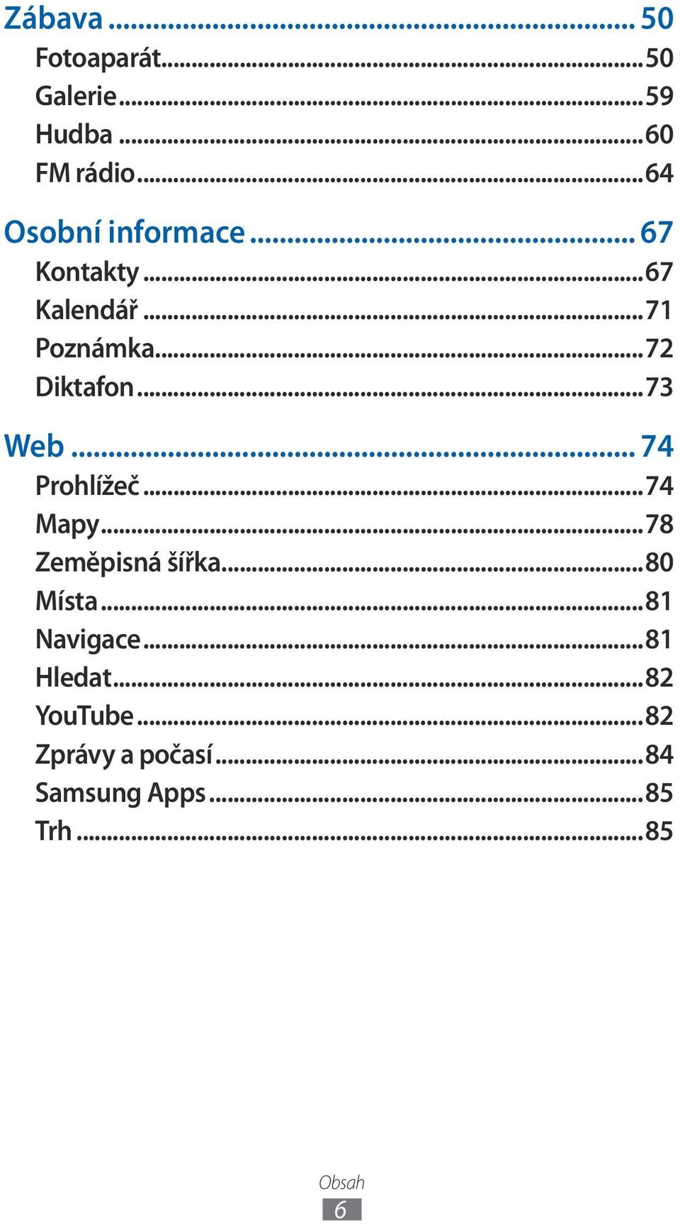 ..73 Web... 74 Prohlížeč...74 Mapy...78 Zeměpisná šířka...80 Místa.