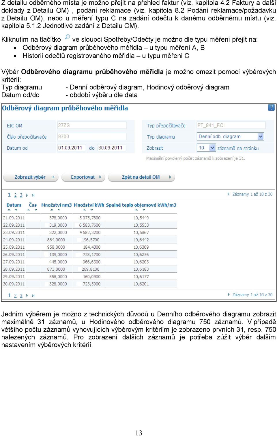 Kliknutím na tlačítko ve sloupci Spotřeby/Odečty je možno dle typu měření přejít na: Odběrový diagram průběhového měřidla u typu měření A, B Historii odečtů registrovaného měřidla u typu měření C