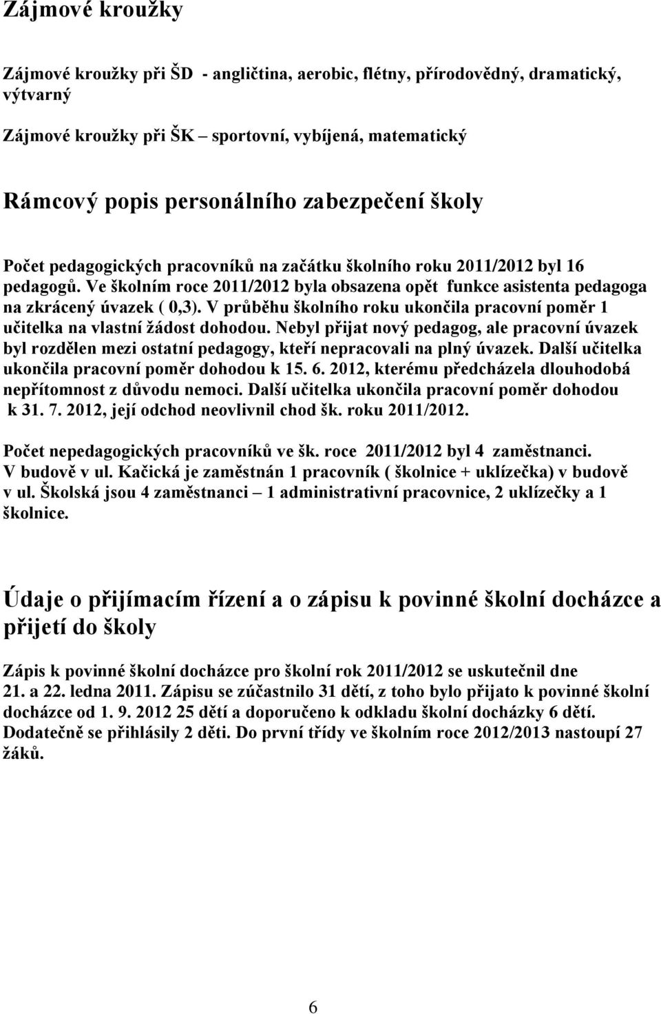 V průběhu školního roku ukončila pracovní poměr 1 učitelka na vlastní žádost dohodou.