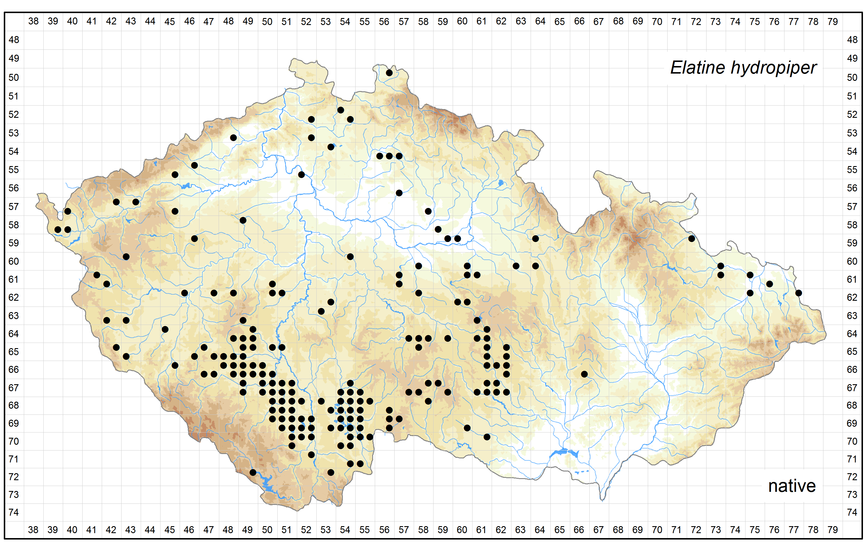 Distribution of Elatine hydropiper in the Czech Republic Author of the map: Zdenek Kaplan, Jan Prančl, Kateřina Šumberová Map produced on: 18-11-2015 Database records used for producing the