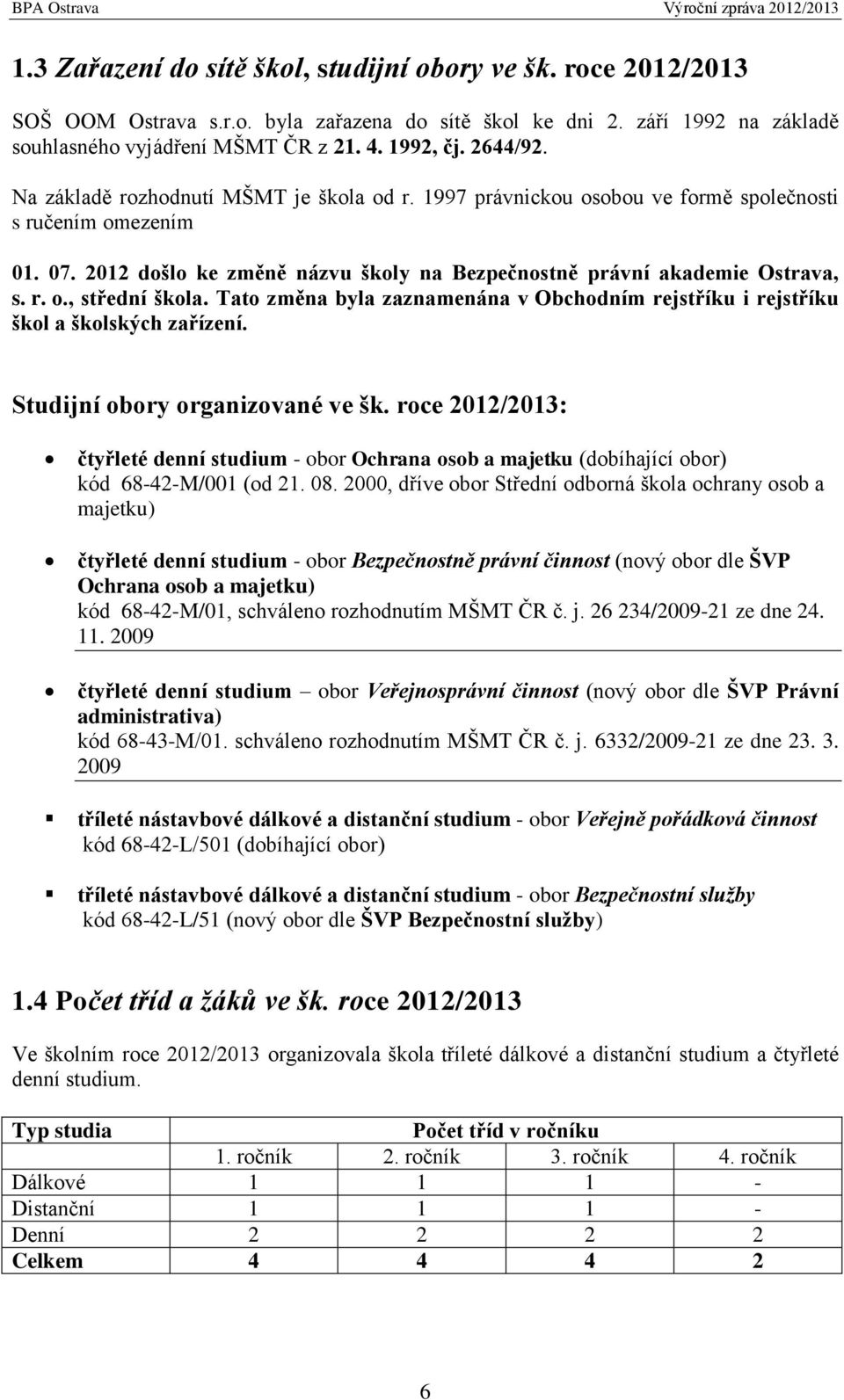 Tato změna byla zaznamenána v Obchodním rejstříku i rejstříku škol a školských zařízení. Studijní obory organizované ve šk.