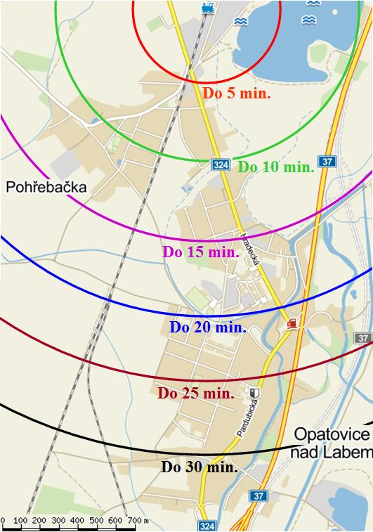 Obr. 2 Docházková dostupnost železniční stanice v obci Opatovice nad Labem Zdroj: (4), upraveno autorem Dospěje se k závěru, že do 15 minut (cca 1 250 metrů) chůze se na tuto železniční stanici