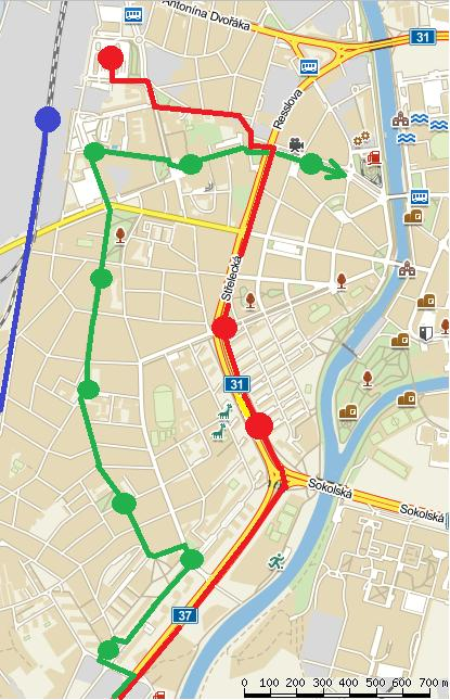 Obr. 10 Trasy a zastávky 3 druhů doprav z obce Opatovice nad Labem do Hradce Králové Zdroj: autor Prodloužení MHD až do obce Opatovice nad Labem má za následek, že vozidla MHD budou zajíždět mimo