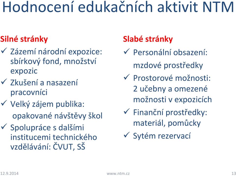 technického vzdělávání: ČVUT, SŠ Slabé stránky Personální obsazení: mzdové prostředky Prostorové možnosti: 2