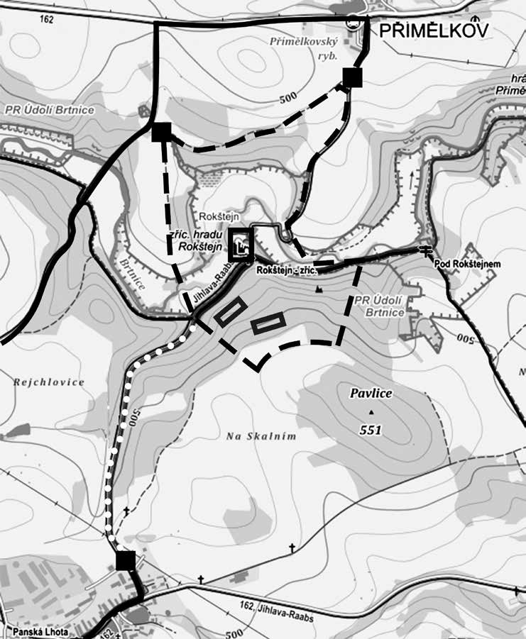 Archaeologia historica 40, 2, 2015, 535 551 hrad hranice ochranného pásma příjezdové trasy přístup parkoviště obléhací stanoviště Obr. 10. Rokštejn, k. ú. Panská Lhota, město Brtnice.