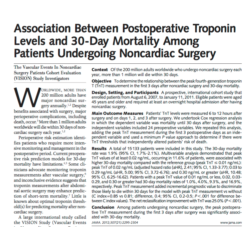 VISION study group 1 Vascular Events In Noncardiac Surgery Patients Cohort Evaluation Study I. Devereaux PJ, Chan MT, Alonso-Coello P, et al.