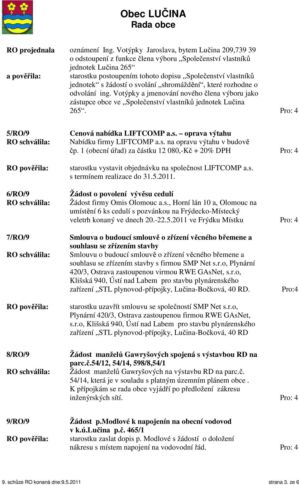 o svolání shromáždění, které rozhodne o odvolání ing. Votýpky a jmenování nového člena výboru jako zástupce obce ve Společenství vlastníků jednotek Lučina 265.