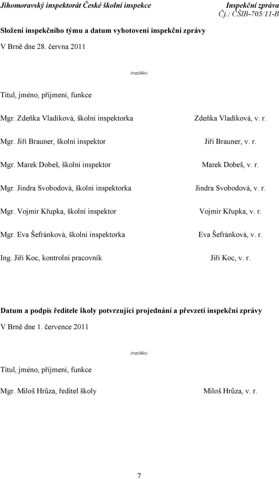 r. Mgr. Vojmír Křupka, školní inspektor Vojmír Křupka, v. r. Mgr. Eva Šefránková, školní inspektorka Eva Šefránková, v. r. Ing. Jiří Koc, kontrolní pracovník Jiří Koc, v. r. Datum a podpis ředitele školy potvrzující projednání a převzetí inspekční zprávy V Brně dne 1.