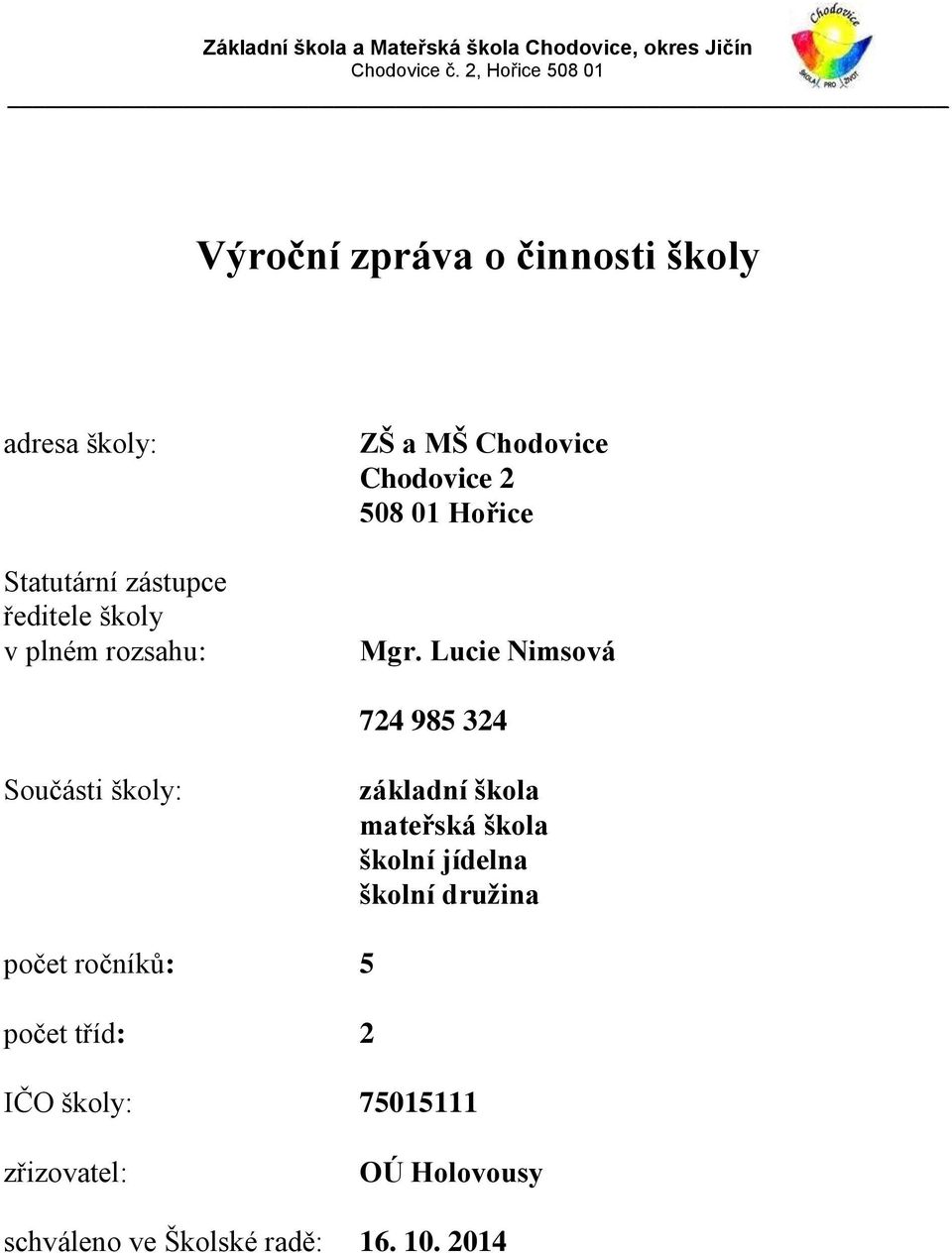 Lucie Nimsová 724 985 324 Součásti školy: základní škola mateřská škola školní jídelna