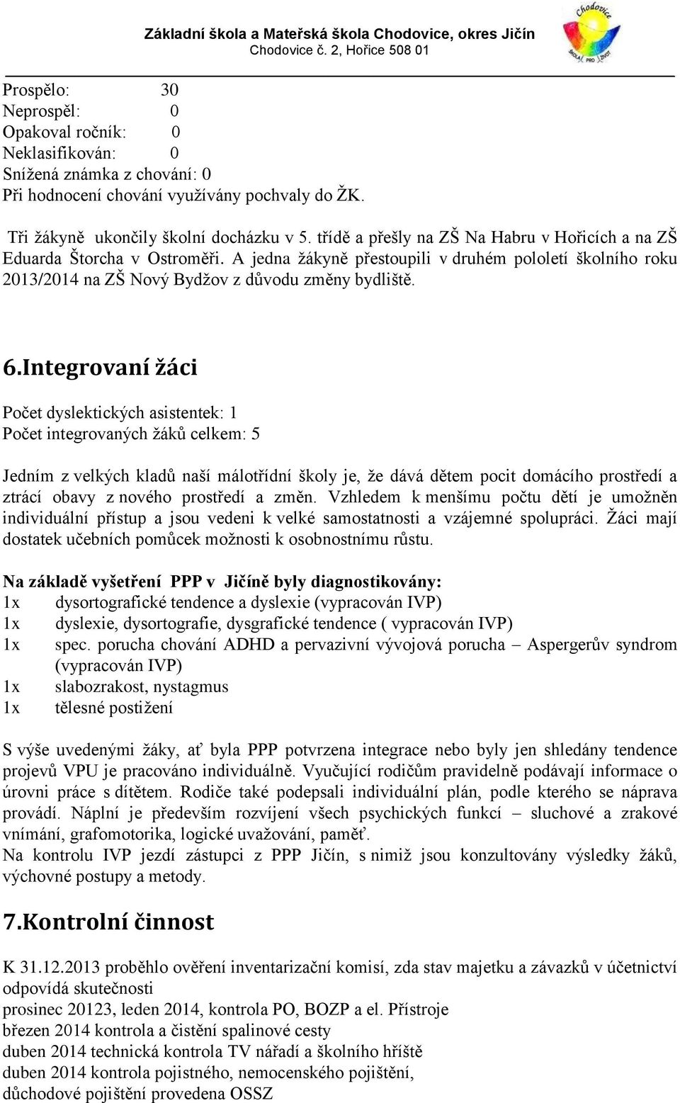 Integrovaní žáci Počet dyslektických asistentek: 1 Počet integrovaných žáků celkem: 5 Jedním z velkých kladů naší málotřídní školy je, že dává dětem pocit domácího prostředí a ztrácí obavy z nového