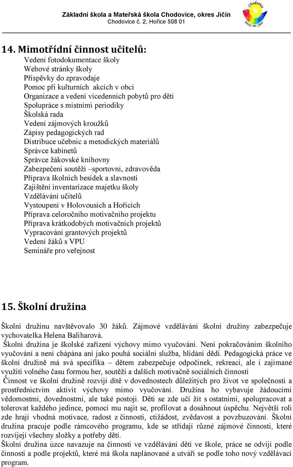 sportovní, zdravověda Příprava školních besídek a slavností Zajištění inventarizace majetku školy Vzdělávání učitelů Vystoupení v Holovousích a Hořicích Příprava celoročního motivačního projektu