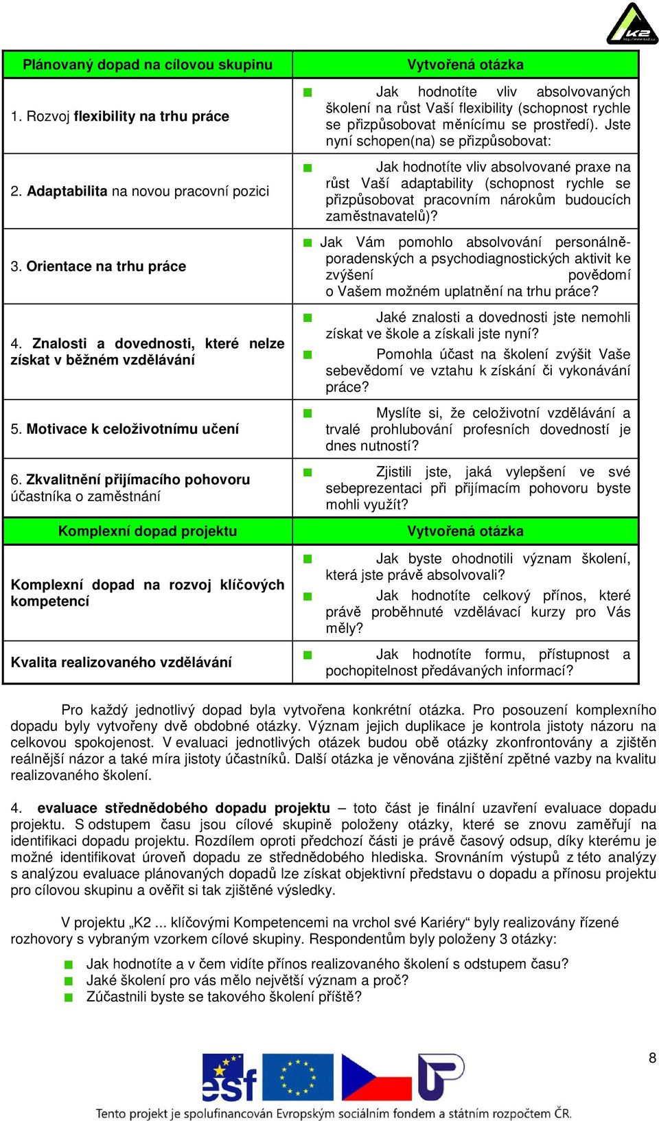 Zkvalitnění přijímacího pohovoru účastníka o zaměstnání Komplexní dopad projektu Komplexní dopad na rozvoj klíčových kompetencí Kvalita realizovaného vzdělávání Vytvořená otázka Jak hodnotíte vliv