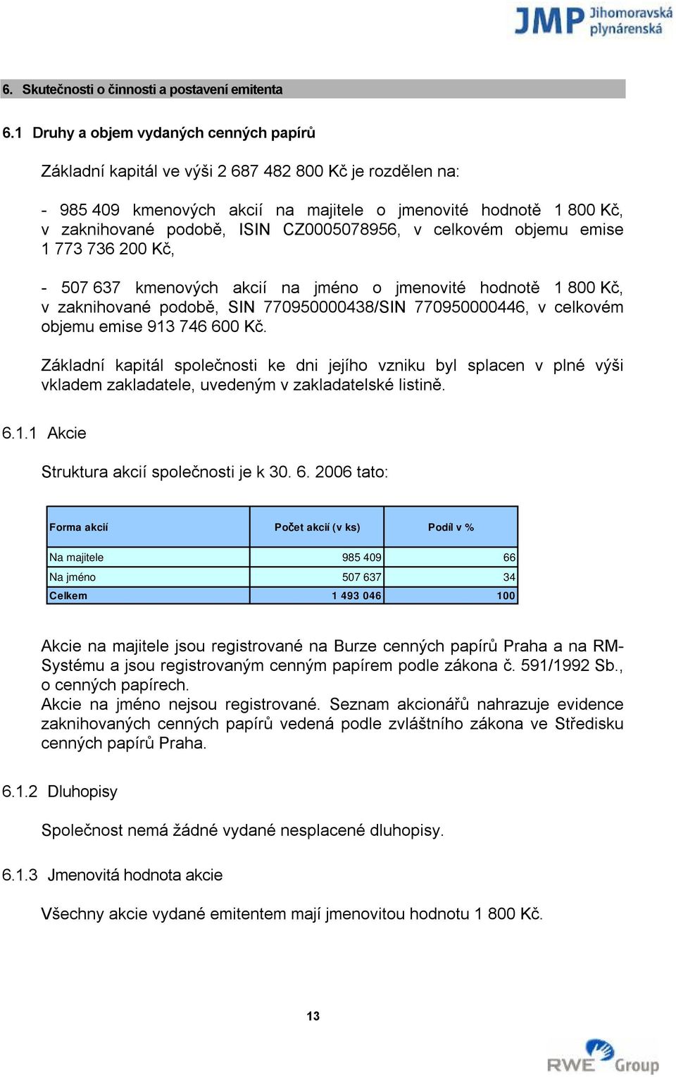 CZ0005078956, v celkovém objemu emise 1 773 736 200 Kč, - 507 637 kmenových akcií na jméno o jmenovité hodnotě 1 800 Kč, v zaknihované podobě, SIN 770950000438/SIN 770950000446, v celkovém objemu