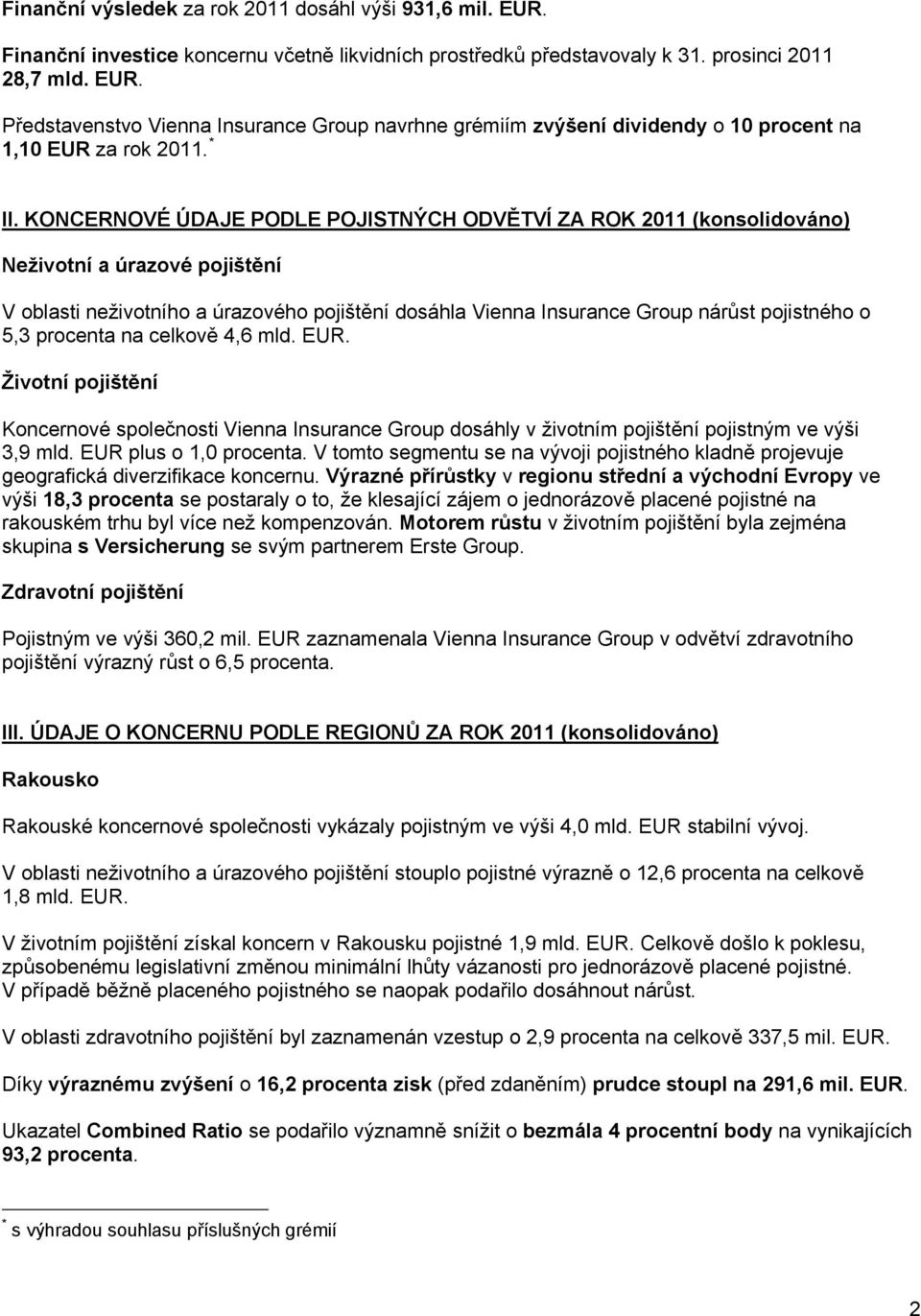 o 5,3 procenta na celkově 4,6 mld. EUR. Životní pojištění Koncernové společnosti Vienna Insurance Group dosáhly v životním pojištění pojistným ve výši 3,9 mld. EUR plus o 1,0 procenta.