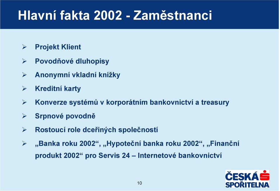 treasury Srpnové povodně Rostoucí role dceřiných společností Banka roku 2002,