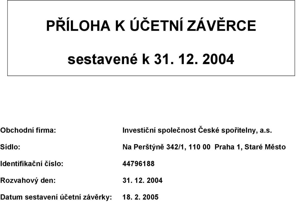 spořitelny, a.s. Na Perštýně 342/1, 110 00 Praha 1, Staré Město