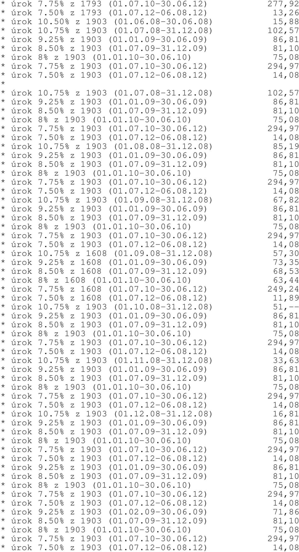 25% z 1608 (01.01.09-30.06.09) 73,35 * úrok 8.50% z 1608 (01.07.09-31.12.09) 68,53 * úrok 8% z 1608 (01.01.10-30.06.10) 63,44 * úrok 7.75% z 1608 (01.07.10-30.06.12) 249,24 * úrok 7.50% z 1608 (01.07.12-06.