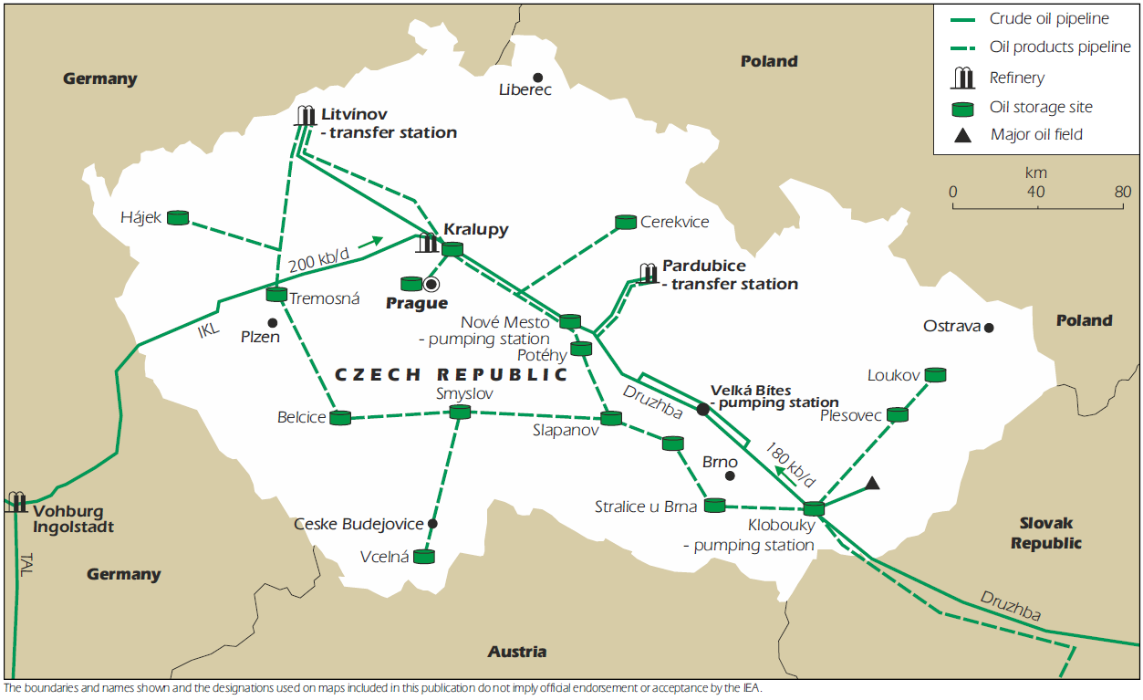 Obrázek č. 3: Infrastruktura na území ČR Zdroj: Mezinárodní energetická agentura Ropovod Družba byl prvním ropovodem provozovaným na území ČR.