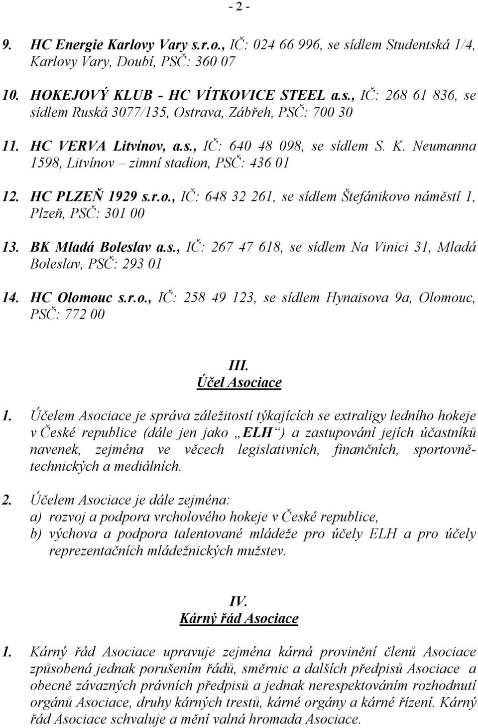 BK Mladá Boleslav a.s., IČ: 267 47 618, se sídlem Na Vinici 31, Mladá Boleslav, PSČ: 293 01 14. HC Olomouc s.r.o., IČ: 258 49 123, se sídlem Hynaisova 9a, Olomouc, PSČ: 772 00 III. Účel Asociace 1.