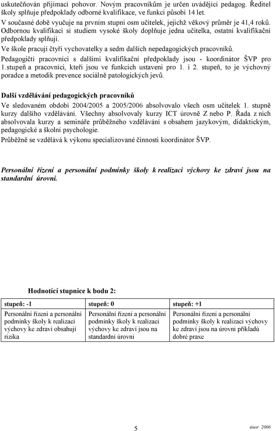 Odbornou kvalifikaci si studiem vysoké školy doplňuje jedna učitelka, ostatní kvalifikační předpoklady splňují. Ve škole pracují čtyři vychovatelky a sedm dalších nepedagogických pracovníků.